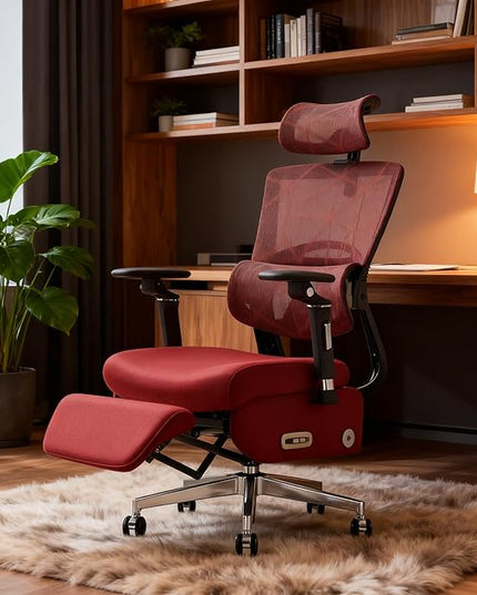 Dual-Motor Home Office Chair with Lumber Support, Reclining Mesh Chair with Footrest, 3D Headrest & 6D Armrests, Reclining Big and Tall 400LBS,Adjustable Back High（Red