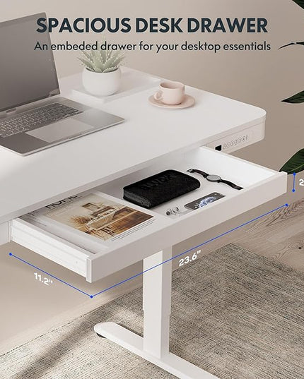 FLEXISPOT Comhar Electric Standing Desk with Drawers Charging USB A to C Port, Height Adjustable 48" Whole-Piece Home Office Computer Laptop Table with Storage (White Top + Frame)