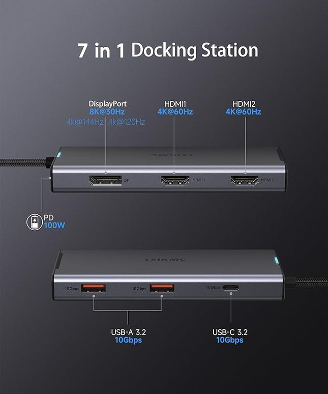 USB C Docking Station Dual Monitor 7 in 1 Laptop Docking Station Triple Monitors for DELL HP Lenovo,USBC Hub Multiport Adapter Dongle with 2HDMI 4K+8k DisplayPort+2*USB-A+1USB-C+USB-C Charging 100w