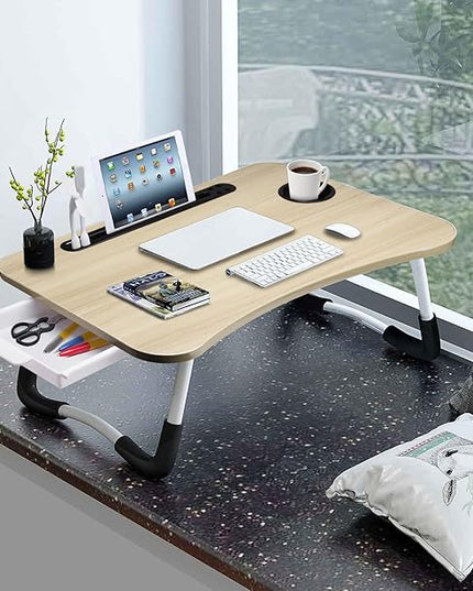 Slendor Lap Desk with Tablet Slot, Foldable Laptop Table with Storage Drawer，Portable Bed Desk for Laptop, Computer Tray with Cup Holder Notebook Stand Reading Holder for Couch Floor, White Maple