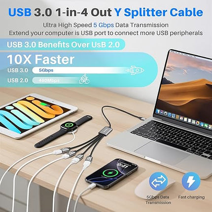 USB 3.0 Splitter 1-In-4 Out Y-Adapter Cable 2Feet, 5Gbps USB-A 3.0 Male to four 4 Female OTG Extension Cord, 4 USB Type-A Multi-Port Connector Extender Hub, Data Charger Power Splitter for Car, Laptop