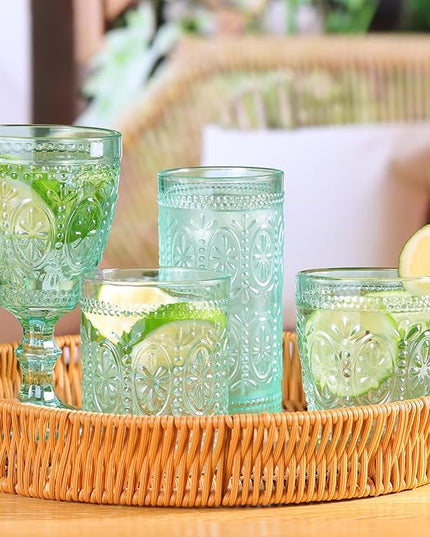Glassware set of 4, Vintage Drinking Glasses, 10oz Heavy Duty Glass Cups, Colored Glassware Set, Embossed Glasses Set for Party Wedding Home Office Glassesware Gift