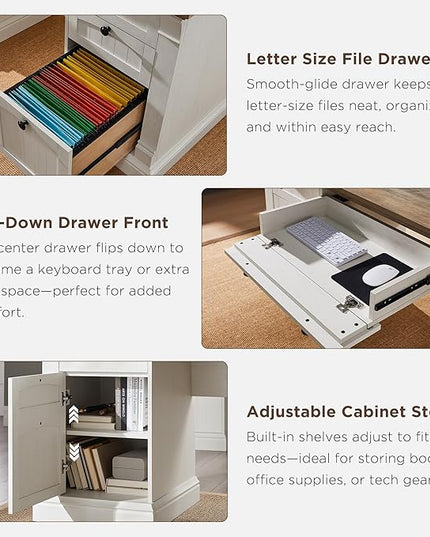 OKD 60" Executive Desk with Drawers, Farmhouse Home Office Desk with Charging Station, Keyboard Tray, File Cabinet Storage, Wood Computer Desk for Work and Study, Antique White