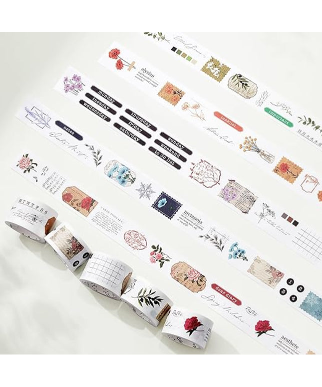 WT Seasonal Splendor Washi Tape Sticker Set, 5 Rolls, Original Designs, Vintage Watercolor Floral Design, Adhesive Stickers for Junk Journals, Scrapbooks, Bujo, Planners, DIY Crafts