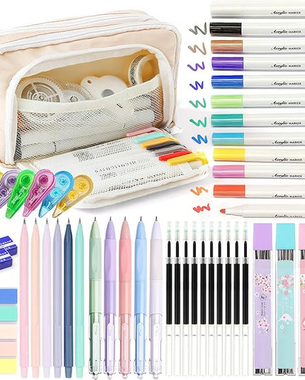 Ristpal 42 PCS Aesthetic School Supplies with Large Pencil Case, 12 Marker Pens with box, 5 Black Ink Gel Pens, 6 Mechanical Pencils Set, Sticky Notes, Complete Essentials Stationery Kit for Students