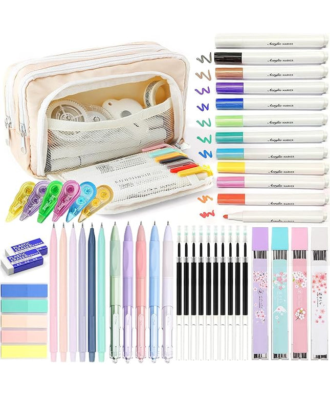 Ristpal 42 PCS Aesthetic School Supplies with Large Pencil Case, 12 Marker Pens with box, 5 Black Ink Gel Pens, 6 Mechanical Pencils Set, Sticky Notes, Complete Essentials Stationery Kit for Students