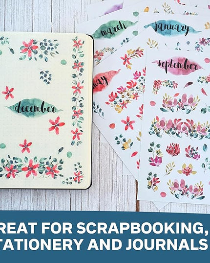 Transparent Monthly Planner Stickers - 12 Clear Sticker Sheets with Beautiful Watercolor Stickers & Undated Calendar Sticker Months - Planner, Scrapbooking and Journaling Supplies (Floral)