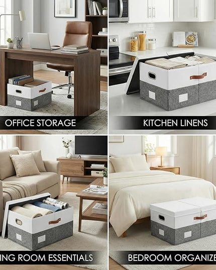 PRANDOM Storage Bins with Lids [3-Pack] Linen Fabric Foldable Storage Boxes Organizer Containers Baskets Cube with Cover Grey&White (23.4X15.9X11.4)