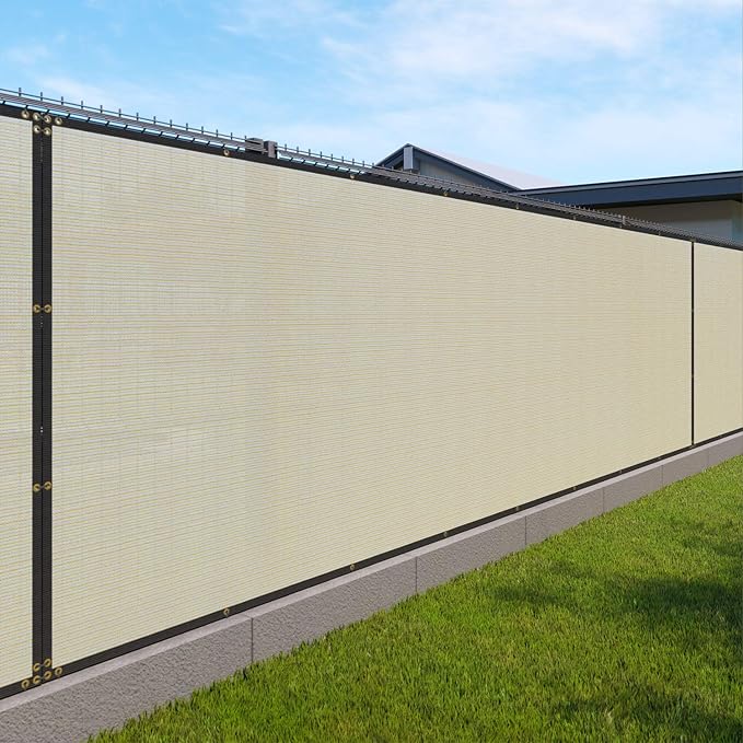 Windscreen4less Privacy Fence Screen Heavy Duty Windscreen Fencing Mesh Fabric Shade Net Cover with Brass Grommtes for Outdoor Wall Garden Yard Pool Deck, 6'x73' Beige