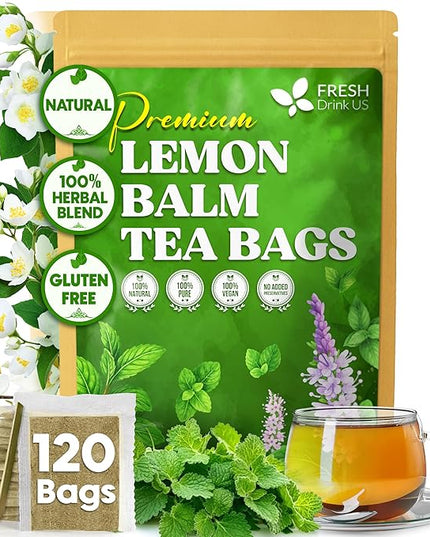 FreshDrinkUS, Premium 120 Lemon Balm Leaf Tea Bags, 100% Natural & Pure from Lemon Balm Leaves. Loose Leaf Herbal Te. No Sugar, No Caffeine, No Gluten, Vegan.