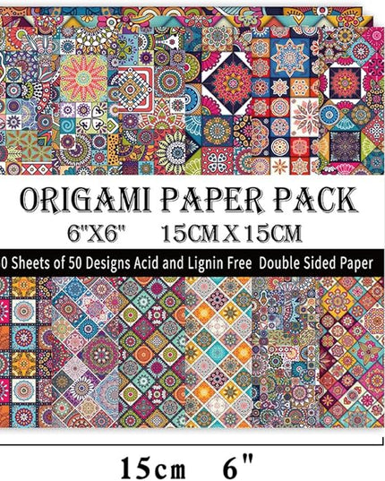 Origami Paper Kit 50 Sheets 70GSM 6 Inch Square Double Sided Color 50 Vivid Japanese Washi Chiyo Colors for Hand Crafts Origami Paper Arts Creativity.Ethnic Style