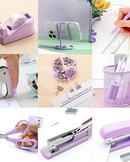 Purple Office Supplies, Purple Desk Accessories, Stapler, Staple Remover, Tape Holder, Pen Holder, Ballpoint Pen, Scissor, Binder Clips, 1000 Staples, Phone Holder, Ruler, Transparent Glue and Notes