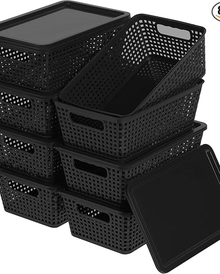 Plastic Storage Baskets With Lid, Storage Bins for Organizing, Stackable Decorative Containers for Shelves Drawers Desktop Closet Playroom Classroom Office, 8 Pack-Black