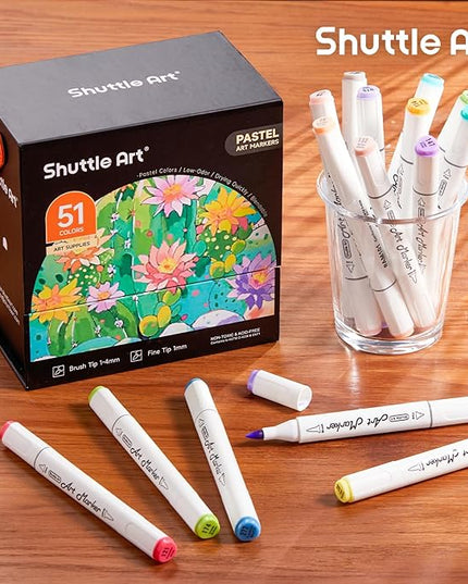 Shuttle Art Pastel Alcohol Markers Brush tip, Dual Tip Brush & Fine Tip Art Marker Set, 50 Colors plus 1 Blender Marker Pens with Case Perfect for Illustration Kids Students Adults Coloring Sketching