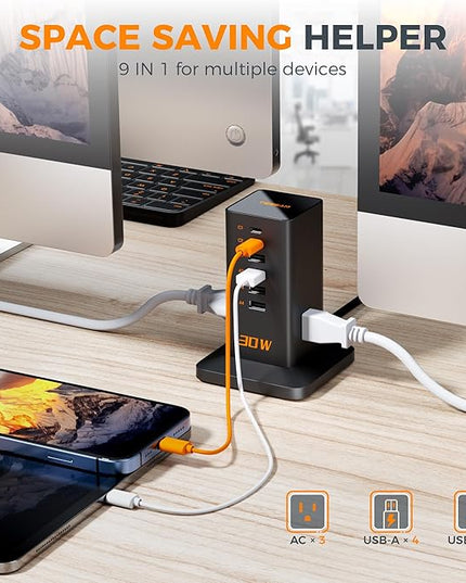 Charging Station 30W, TESSAN 9-in-1 Charger Blocks for iPhone 17/16/15/14, Tablets, Earphone with Surge Protector, 5ft Flat Extension Cord with 4 USB A, and 2 USB C for Home, Office, Dorm, Black