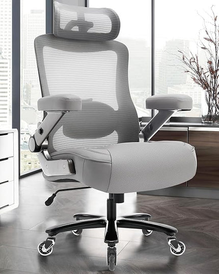 600lbs Big and Tall Office Chair- Heavy Duty Executive Computer Chair with 3D Flip Arms Large Wheels, Ergonomic Mesh High Back Desk Chair, Extra Wide Seat Adjustable Lumbar Support&Headrest