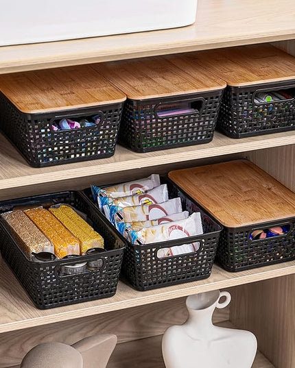 Storage Bins with Lids 8 Packs, Plastic Storage Bins with Bamboo Lids for Pantry Organization and Storage Containers for Shelves Drawers Desktop Closet Playroom Classroom Office Home, Black