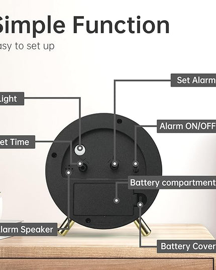 Analog Alarm Clock, 4 inch Super Silent Non Ticking Small Clock with Night Light, Battery Operated, Simple Design, easy setting for Office, Bedroom, Bedside, Desk, teens, elders, kids, adult, Black