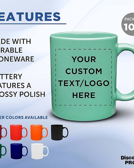 Custom Ceramic Coffee Mugs 11 oz. Set of 100, Personalized Bulk Pack - Coffee cup set, Iced coffee cup, Gaming mug - Teal