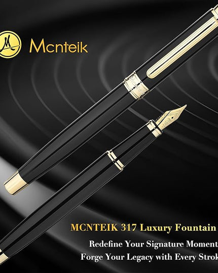 MCNTEIK 317 Fountain Pen,Stunning Luxury Black Piano Lacquer,18K Gilded Nib(Fine),Gorgeous 24K Gold Finish, Ink Converter,Fancy Gift for Men&Women-Elegant,Executive,Office,Nice Pens for Writing