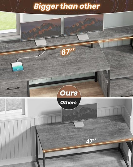 SEDETA Home Office Desk with File Drawer & Power Outlet, 66'' Computer Desk with 5 Drawer, Storage Shelves, Printer Cabinet and Monitor Shelf, Gaming Desk with Led Lights, Grey