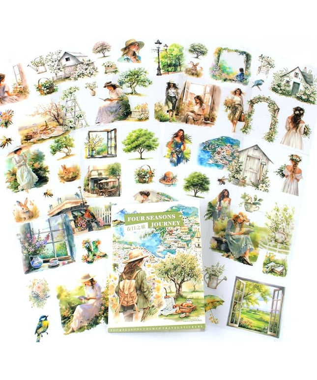 Dwpetzo Spring Landscape Pre-Cut Journal Sticker Book for Junk Journaling, Transparent PET Stickers for Scrapbook Supplies, Scrapbooking, Collage, Planners, Bujo, 20 Sheets