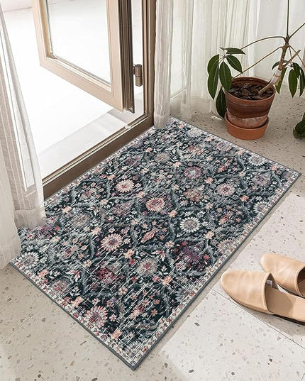 Lahome Moroccan Trellis Washable Rug, 2x3 Entryway Rugs for Kitchen Bathroom, Non-Slip Indoor Door Mat Ultra-Thin, Small Oriental Throw Carpet for Bedroom Entry, Black/Multi