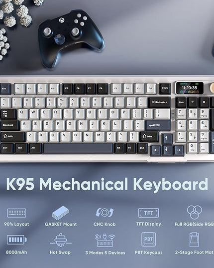 RedThunder K95 Wireless Mechanical Keyboard, TFT Screen & Knob, Tri-Mode BT5.0/2.4GHz/USB-C Hot Swappable Custom, Pre-lubed Linear Switches, Gasket Structure, RGB Gaming Keyboard, Snowy White-Blue