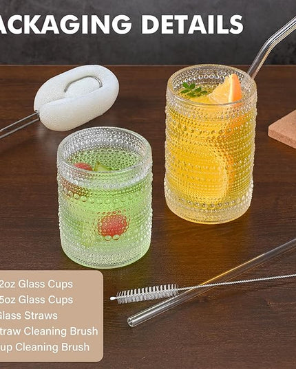 Vintage Hobnail Drinking Glasses Set of 8,Clear 12 oz & 15oz Highball Glass Cups, Kitchen Drinkware Glassware,Embossed Water Tumbler,for Beer,Cocktail,Whiskey,Juice and Various Mixed Drinks