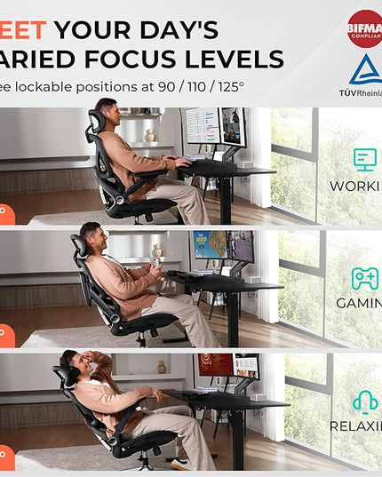 CAPOT Ergonomic Mesh Office Chair, Adjustable Lumbar High Back Desk Chair 400lbs, 4D Flip-up Arms, 3-Level Tilt Backrest, 3D Headrest, PU Wheels, Swivel Rolling Computer Seating for Long Desk Work