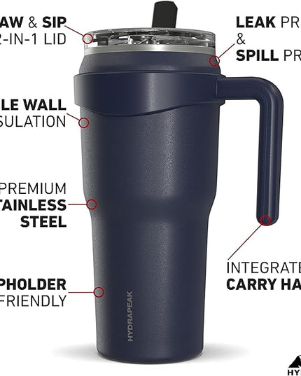 Hydrapeak Roadster 40oz Stainless Steel Tumbler Double Wall Vacuum Insulated Water Bottle With Handle And 2 in 1 Straw Lid (Navy)