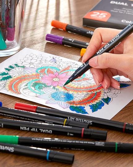 Shuttle Art Dual Tip Brush Marker Pens, 25 Colors Water-based Ink, Fine and Brush Tip Marker Set with 1 Coloring Book for Kids Adult Artist Calligraphy Hand Lettering Journal Doodling Writing