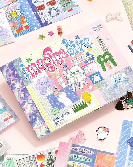Japanese Manga Style Sticker Book with 30 Sheets of Glitter Sand, Matte Film and Writable Note Stickers for DIY Scrapbooking Journaling(Imagina Give)