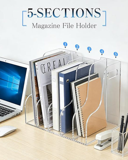 5-Tier Clear Acrylic File Holder, Vertical Document Organizer for Magazines, Binders, Notebooks & Envelopes - Multi-Purpose Desk Storage for Home Office（A4,5 Sections）