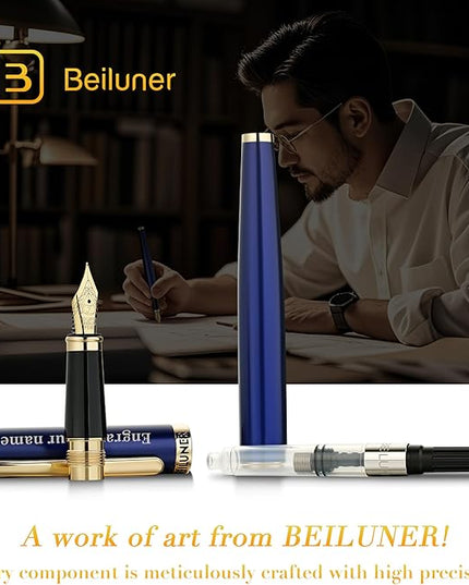 BEILUNER Blue Personalized Fountain Pen,Stunning Luxury Lacquer,24K Gilded Nib(Fine),Gorgeous 24K Gold Finish, Ink Converter,Fancy Gift for Men&Women-Elegant, Graduation,Nice Pens for Writing