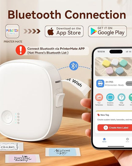 Mini Label Maker Machine with Tape AH-P05, Portable Bluetooth Mini Label Printer, Wireless Thermal Label Maker, Waterproof & Rechargeable, Built-in Cutter, for Home, Office, Kitchen – White
