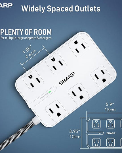 SHARP Surge Protector Power Strip - 6 Widely Spaced Outlets with 4 USB Fast Charge USB Charging Ports (3 USB-A and 1 USB Type-C), Flat Wall-Hugger Plug and 6 ft. Braided Cord, White