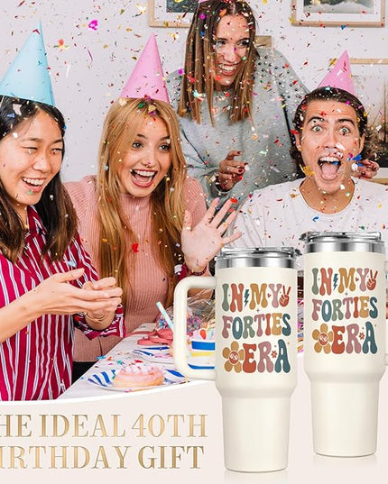 Shqiueos 40th Birthday Gifts for Women 40oz Tumbler with Handle and Straw Lid, 40 Year Old Gifts for Her, Mom, Friend, Sister, Daughter, 40s Birthday Decoration-In My Forties Era Cup Water Bottle