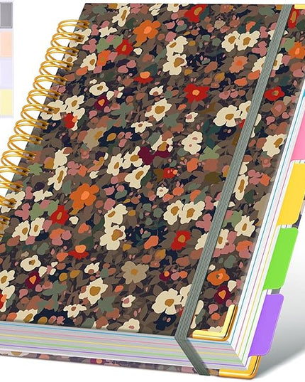 Hardcover Spiral Notebook Journal with Removable Dividers Tabs, 300 Pages Leather 5 Subject Notebook College Ruled, 8"x10" Large B5 Notebooks for Work School Note taking, Journal for Women, Flower