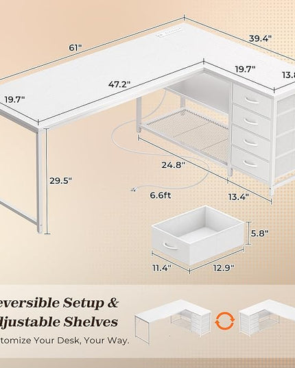 PRAISUN 61" L Shaped Desk with Power Outlets and USB-C Port, Reversible Computer Corner Office Desk with 4 Fabric Drawers and 2 Height-Adjustable Shelves, Large for Gaming Writing Work Study, White