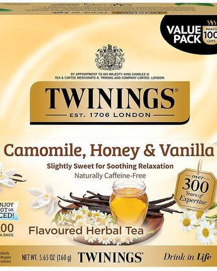 Twinings Camomile, Honey & Vanilla Herbal Tea Individually Wrapped Bags, 100 Count (Pack of 1), Naturally Caffeine-Free, Enjoy Hot or Iced, 100 Teabags