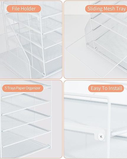 LEKETREE Desk Organizers and Accessories, 5-Tier Paper Letter Tray Organizer with File Holder, Desktop Organizer for Office Supplies (White)