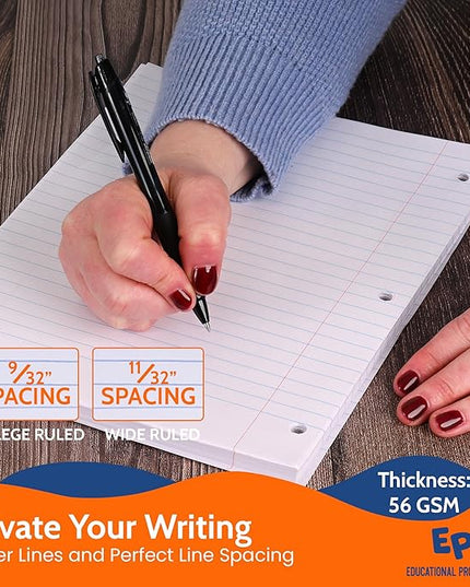 EPI Filler Paper | Wide Ruled | Loose Leaf, 3-Hole Punched, 10.5 x 8 in, 150 Sheets | School, Office, Notes, Binder Refill - 6 Pack