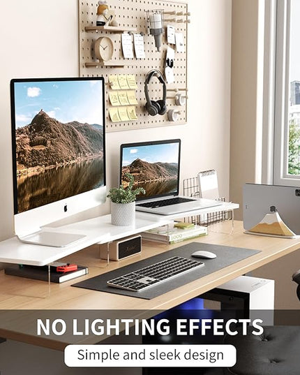 LED Dual Monitor Stand Riser for 2 Monitors, Office Desktop Wooden Stand Adjustable Length and Angle 3 Shelf, Extra Long Multifunctional Stand up to 44.4" for Computer, Laptop, TV, White
