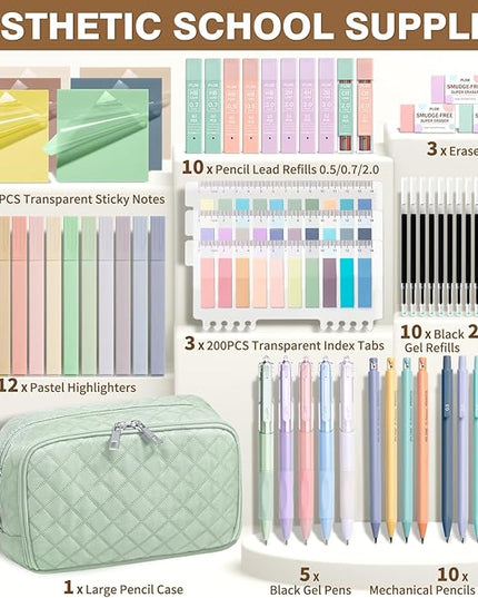 62PCS Aesthetic School Supplies with Cute Pencil Case, Pastel Highlighters Black Ink Gel Pens Mechanical Pencils Kit, Back to School Supplies College Essentials Preppy Stationary Set for Student Girls