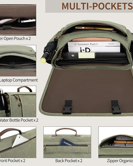 ESTARER Men's Messenger Bag 17.3 Inch, Water-resistant Canvas Laptop Bag, Computer Shoulder Bag for College Travel Work, Army Green