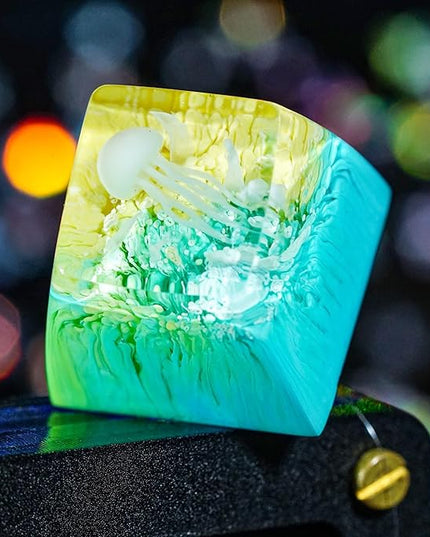 Jellyfish Artisan Keycap Pastel Yellow Teal Ocean R1 SA Profile Custom Sea Creature Keycaps 1U ESC Handmade Gaming Resin Key Cap Cherry MX Switch Compatible Mechanical Keyboard Jellyfish Lover Gift