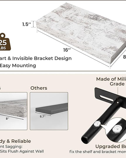 RICHFOCUS 16Inch Floating Shelves for Wall 2 Pack Shelves for Bedroom|Kitchen|Bathroom Wall Mounted Rustic Distressed Wood Floating Shelf with Invisible Brackets for Books|Storage|Decor, Rustic