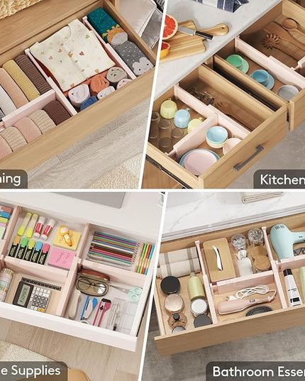 Lifewit 16 Pack Drawer Dividers 4" High, 11-17" Adjustable Drawer Organizers for Clothes, Expandable Dresser Separators in Bedroom/Bathroom/Kitchen/Fridge/Office Organization and Storage, Pink