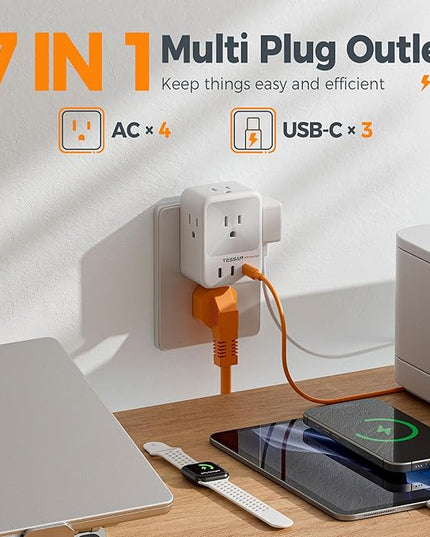 USB Multi Plug Outlet Splitter, TESSAN Surge Protector 4 Outlet Extender with 3 USB C Wall Charger Blocks, 3-Sided Multiple Plug Expander for Home Office Dorm Room Essentials